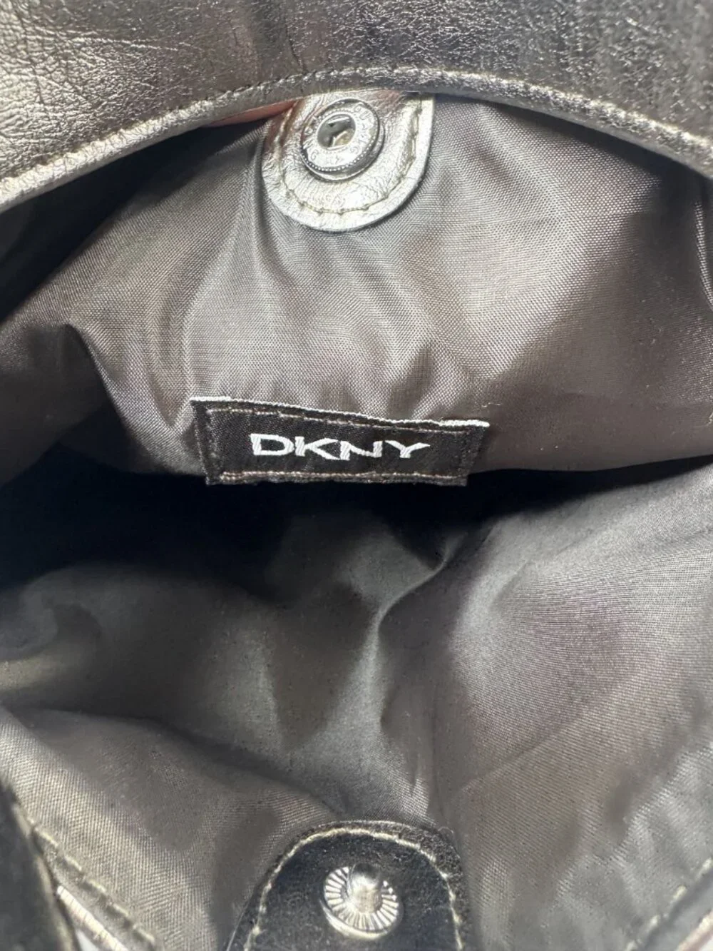 DKNY Metallic Silver Tote Bag With Snap Closure & Interior Pocket New